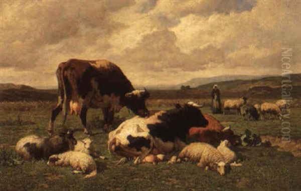 An Extensive Summer Landscape With Cows, Sheep And Goats Oil Painting by Louis Robbe