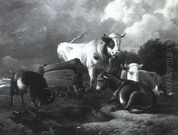 Tiere Auf Der Weide An Einem Wasserloch Oil Painting by Louis Robbe