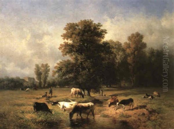 Figures And Cattle In An Extensive Landscape Oil Painting by Louis Robbe