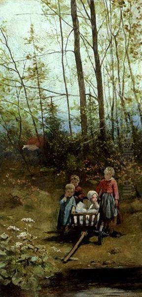 Kinder Im Leiterwagen Oil Painting by Moritz Friedrich Robbecke