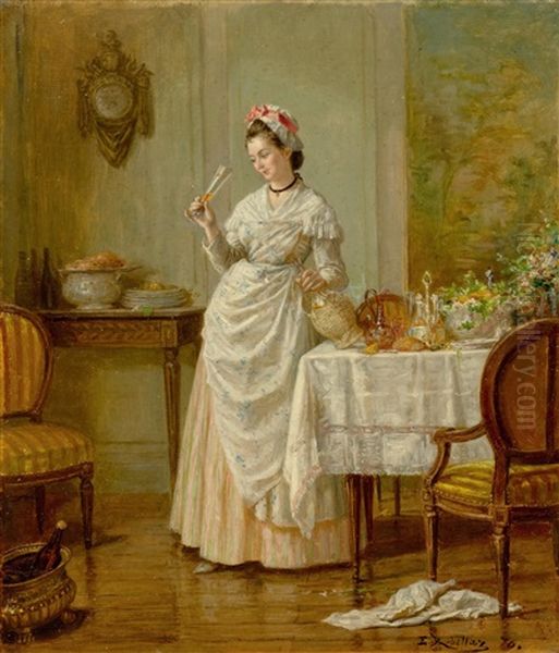 An Elegant Lady In An Interior Oil Painting by Emile Robellaz