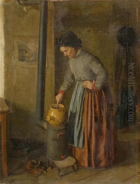 Woman Cooking In The Kitchen Oil Painting by Emile Robellaz