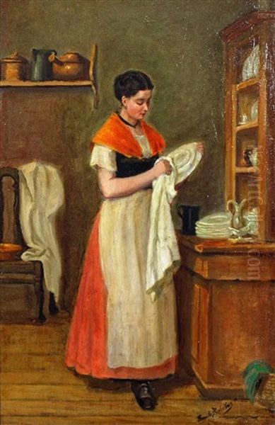 Lady Drying Dishes Oil Painting by Emile Robellaz