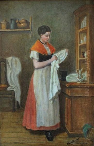 Lady Drying Dishes Oil Painting by Emile Robellaz