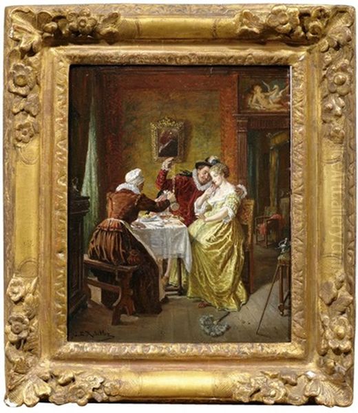 Saloninterieur Mit Einem Kavalier, Der Einer Jugen Frau Eine Kette Prasentiert, Wahrend Eine Altere Dame Wein Einschenkt Oil Painting by Emile Robellaz