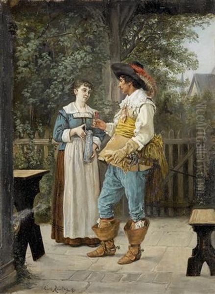 Genreszene Mit Musketier Und Junger Wirtin Beim Weintrinken Oil Painting by Emile Robellaz