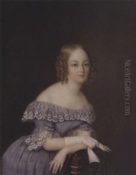 A Lady, Her Blonde Hair In Ringlets, Leaning On The Back Of A Chair Draped With Embroidered Shawl, Wearing Blue-mauve Dress With White Lace Collar And Cuffs, A White Glove On Her Right Hand Oil Painting by Jean Pierre Robelot