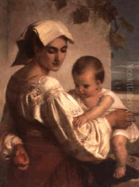 Mother And Child Oil Painting by Alexandre Nestor Nicolas Robert