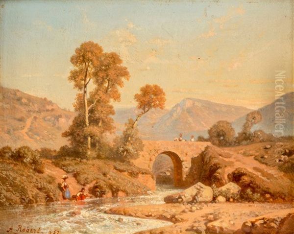 Paysage Anime Au Pont Oil Painting by Alphonse Robert