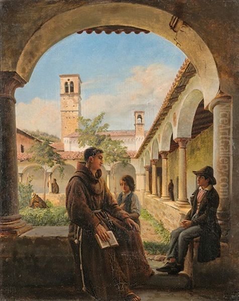 Monch Mit Zwei Kindern Im Kreuzgang Des Kapuzinerklosters Von Lugano Oil Painting by Aurele Robert