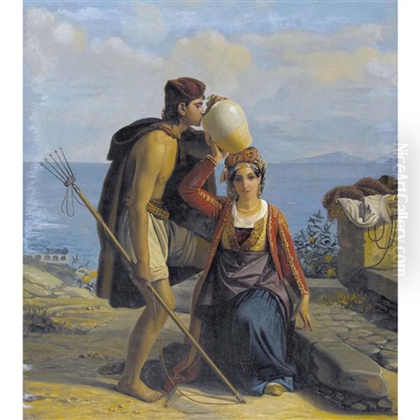 Jeune Fille De Procida Donnant A Boire A Un Pecheur Oil Painting by Aurele Robert