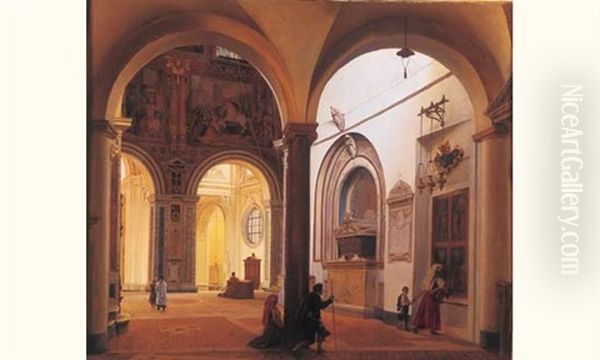 Pelerins A L'interieur De Saint Jean-de-latran Oil Painting by Aurele Robert