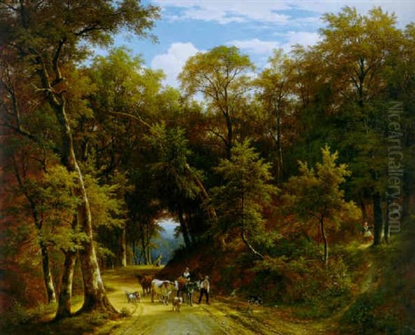 Bauernpaar Mit Esel, Kuhen, Schafen, Ziege Und Hund Auf Strasse Durch Einen Laubwald by Aurele Robert