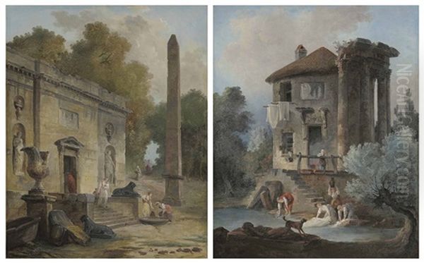 Capriccio Of An Obelisk And A Ruined Classical Building With Figures (+ A Capriccio Of A Washerwomen And A Dog; Pair) Oil Painting by Hubert Robert