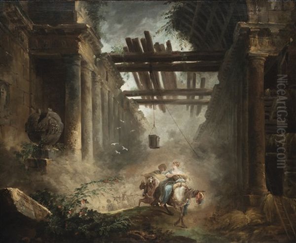 Figures On Horseback Departing A Ruined, Vaulted Building With Colonnades Oil Painting by Hubert Robert