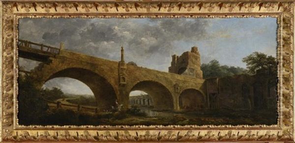 Pont Surmonte D'une Tour En Ruines Oil Painting by Hubert Robert