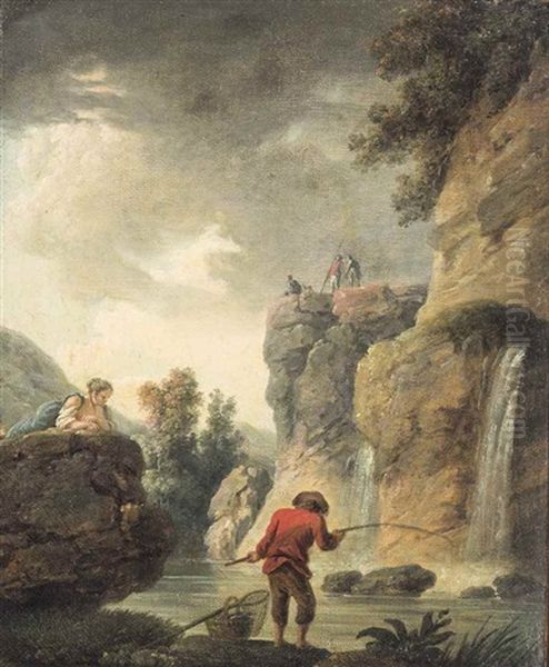 A River Landscape With An Angler On A Shore By A Waterfall Oil Painting by Hubert Robert