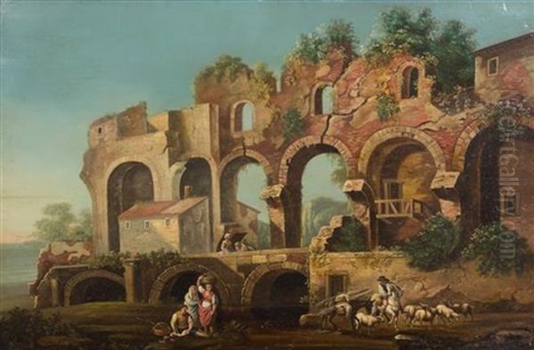 Working Women Amongst Aquaduct Ruins Oil Painting by Hubert Robert