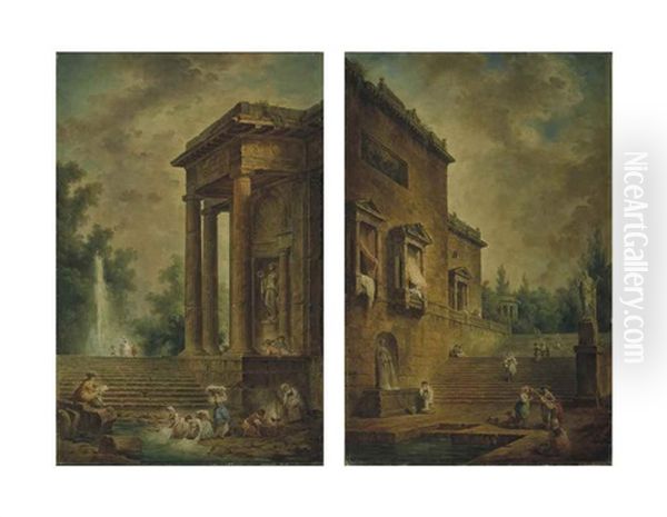 Caprice Architectural Avec Un Jeune Homme Dessinant Des Lavandieres; Caprice Architectural Avec Un Bassin Et Un Puits (2 Works) Oil Painting by Hubert Robert