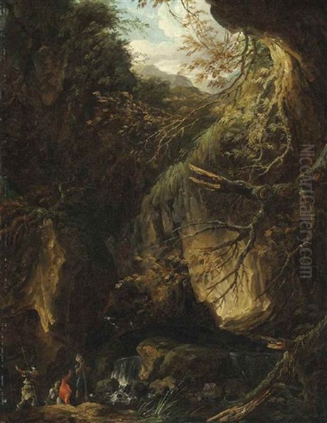 Soldiers By A Waterfall In A Wooded Landscape Oil Painting by Hubert Robert