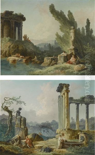 A Woman Fishing And Other Figures By Roman Ruins; Women Drawing Water From A Basin While A Man Contemplates A Classical Statue Oil Painting by Hubert Robert