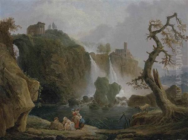 A Capriccio Of Tivoli With Peasants Resting Before A Waterfall, Classical Ruins And A Villa Beyond Oil Painting by Hubert Robert