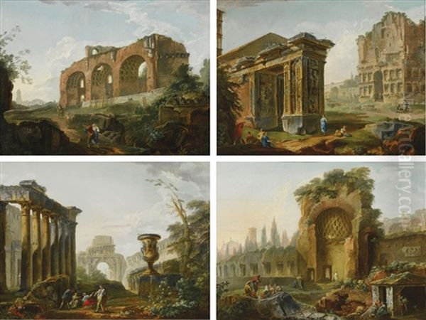 Architectural Capriccio With The Basilica Of Constantine; Architectural Capriccio With The Arco Degli Orefici Next To San Giorgio In Velabro And The Arco Di Giano; Architectural Capriccio With The Temple Of Faustina, The Arch Of Titus And The Walls Of The Oil Painting by Hubert Robert