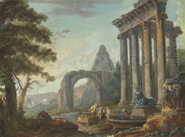 An Architectural Capriccio With The Temple Of Saturn, The Arch Of Titus And The Pyramid Of Caius Cestius, With Figures Before A Fountain In The Foreground Oil Painting by Hubert Robert