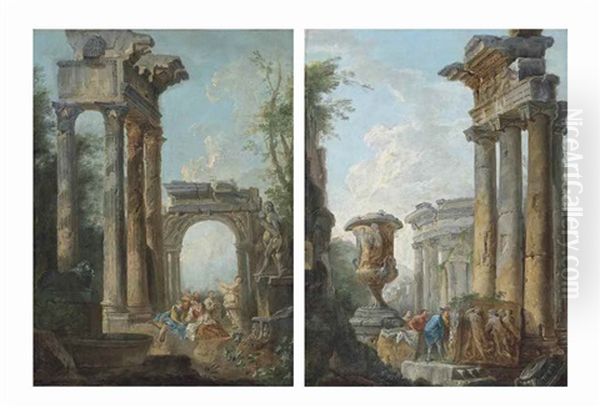 A Classical Capriccio Of Figures Conversing Before A Statue Of Silenus And The Infant Dionysus By The Temple Of Vespasian And Titus; And A Classical Capriccio Of Figures Discussing A Relief Sculpture By The Borghese Vase, The Temple Of Vesta Beyond Oil Painting by Hubert Robert