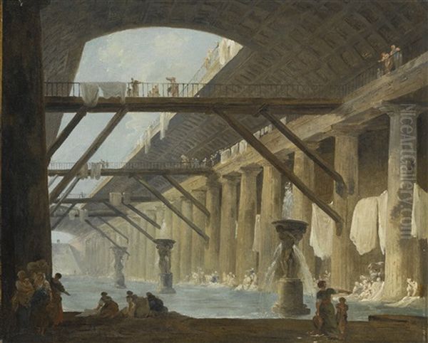 An Ancient Roman Bath With Women Washing Laundry Oil Painting by Hubert Robert