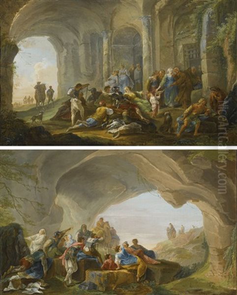 Roman Figures Under An Arcade; Roman Figures In A Cave (a Pair) Oil Painting by Hubert Robert