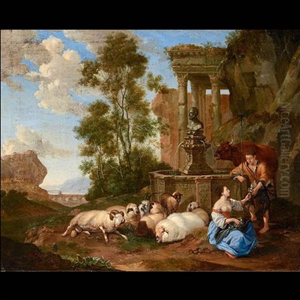 Resting By The Fountain Oil Painting by Hubert Robert