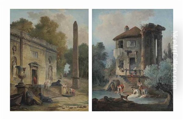 Capriccio Of An Obelisk And A Ruined Classical Building With Figures; And Capriccio Of A Washerwomen And A Dog (pair) by Hubert Robert