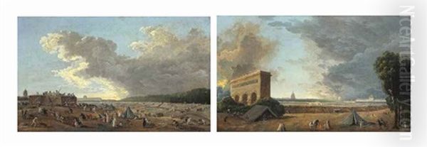 The Preparations For The Festival Of The National Federation On The Champ De Mars, Or The 'day Of The Wheelbarrows'; And The Celebration Of The Festival Of The National Federation On The Champ De Mars (pair) Oil Painting by Hubert Robert