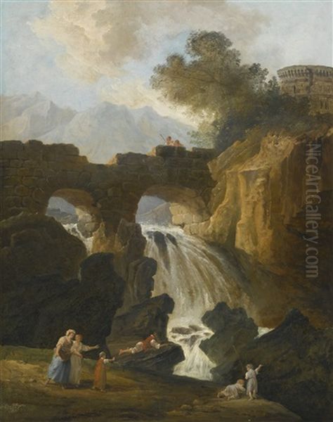 View Of The Ponte Lucano, Near Tivoli, And The Tomb Of The Plautii Oil Painting by Hubert Robert