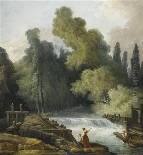 Washerwomen At A Waterfall Oil Painting by Hubert Robert