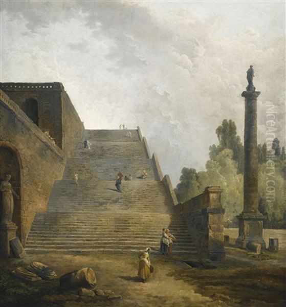 Figures Walking Up A Monumental Staircase Oil Painting by Hubert Robert