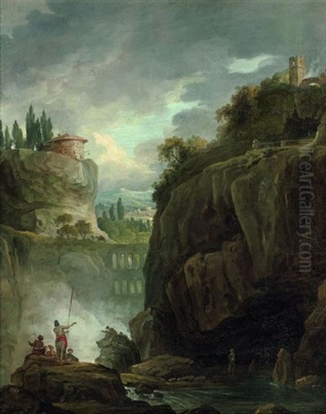 Paysage Rocheux Au Pont Et A La Cascade Anime De Personnages Oil Painting by Hubert Robert