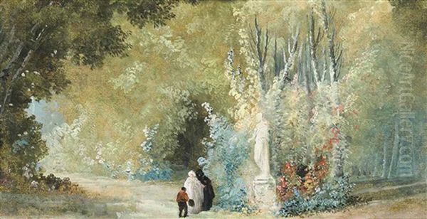 A Parkland Landscape With Elegant Figures Before A Statue Oil Painting by Hubert Robert