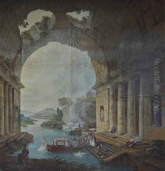 Arcades En Ruines Avec Promeneurs En Barque Oil Painting by Hubert Robert