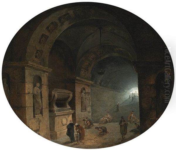 Figures In A Crypt Oil Painting by Hubert Robert