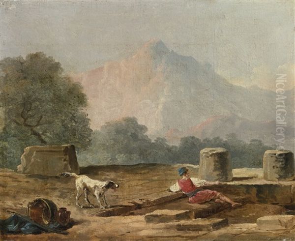 A Boy And A Dog Among Ruins Oil Painting by Hubert Robert