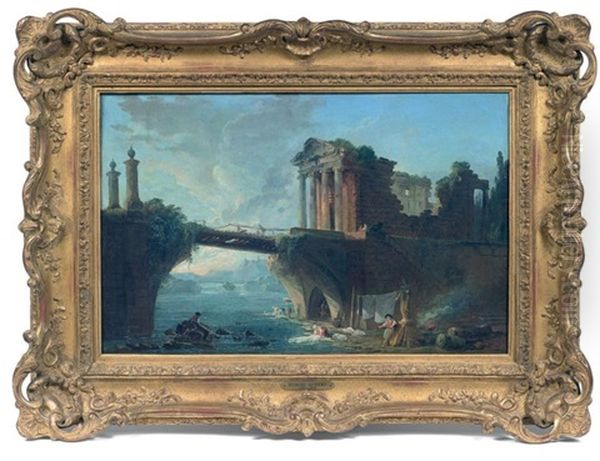 Ruines Antiques Pres D'un Pont, En Contrebas Des Lavandieres Oil Painting by Hubert Robert