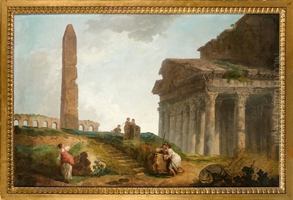 Capriccio : Six Personnages Pres De Monuments Romains En Ruines, Le Pantheon, Un Obelisque Et Des Arcades Oil Painting by Hubert Robert