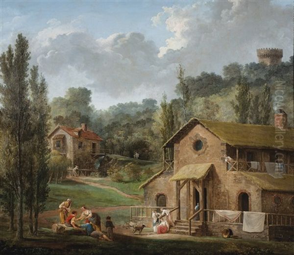 Lavandieres Dans Un Paysage De Fantaisie Oil Painting by Hubert Robert