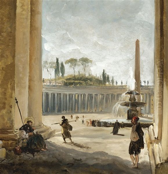 Rome, La Place Saint Pierre, Vue Depuis La Colonnade Du Bernin Oil Painting by Hubert Robert