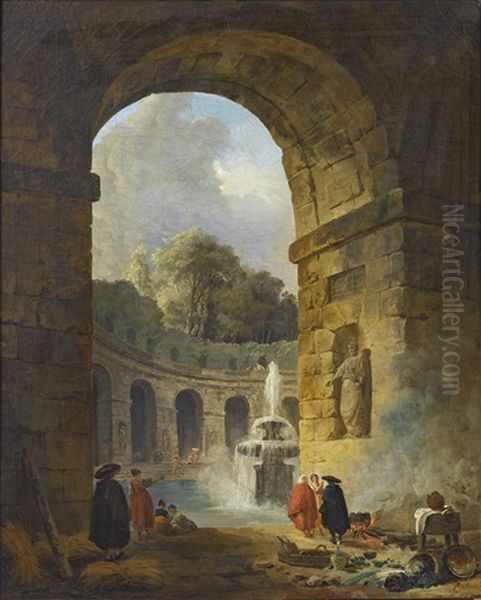 Fantaisie De Ruines Romaines Avec Arcades Et Fontaine Animee De Personnages Oil Painting by Hubert Robert