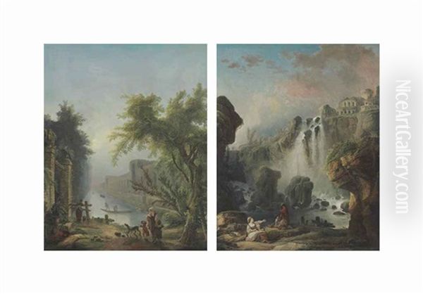 The Canal; And The Cascade (pair) Oil Painting by Hubert Robert