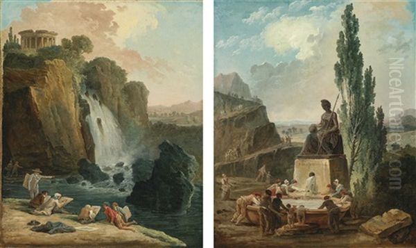 The 'fountain Of Liberty'; Artists Sketching At Tivoli (pair) Oil Painting by Hubert Robert