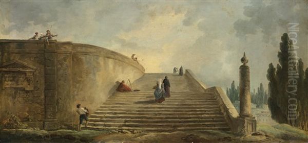 A Grand Staircase Oil Painting by Hubert Robert